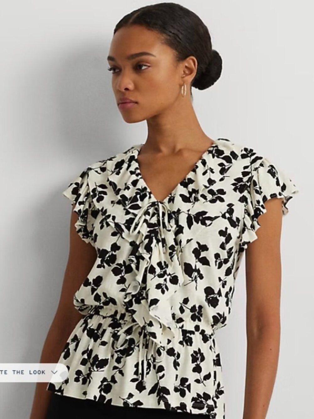 Leaf-Print Ruffle-Trim Jersey Peplum Top Lauren